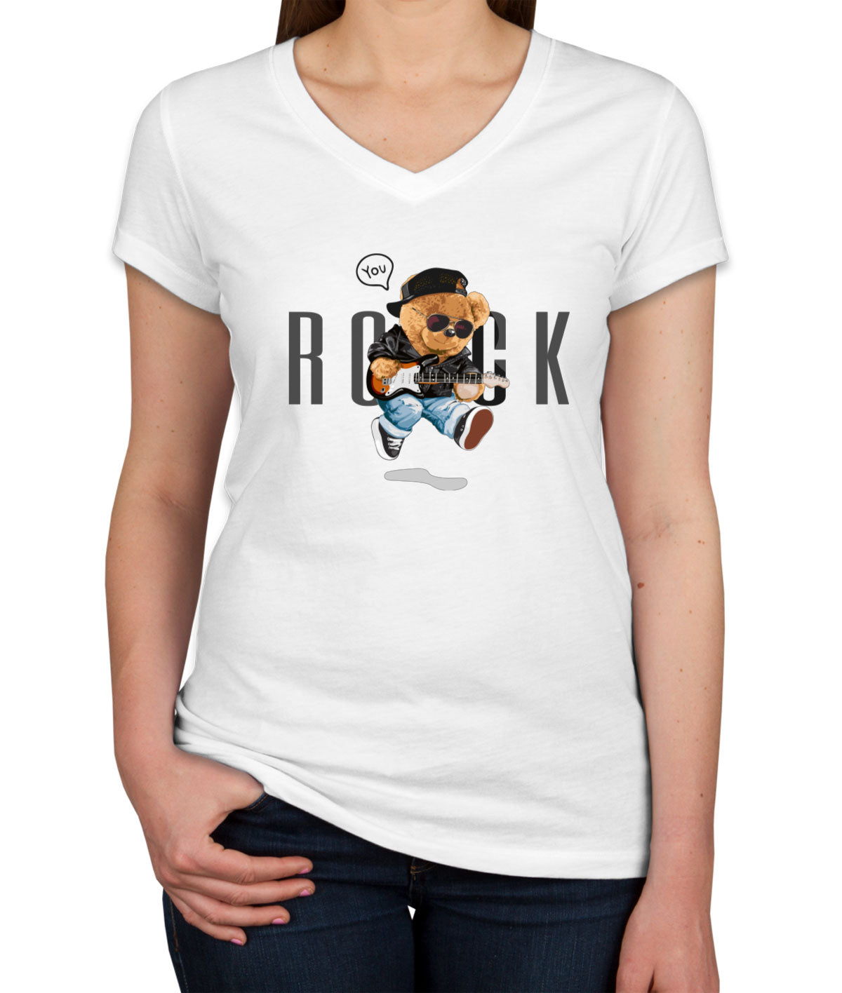 Teddy Bear Rock Women's V Neck T-shirt