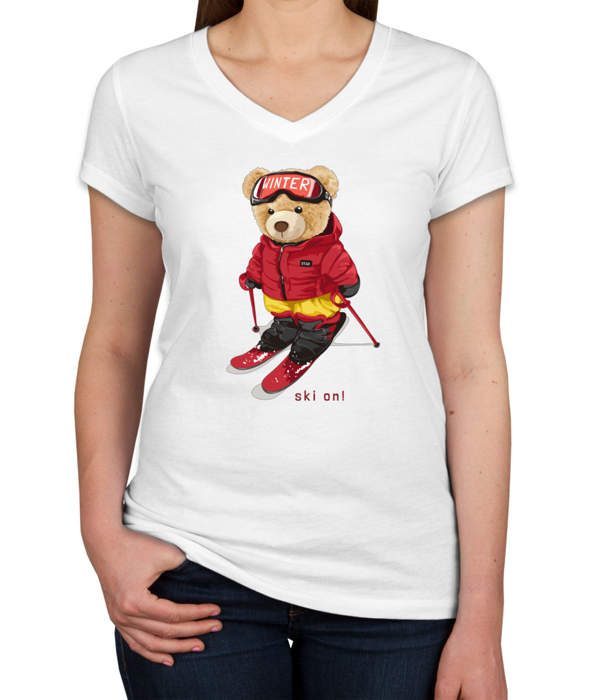 Teddy Bear Snowboarding Women's V Neck T-shirt