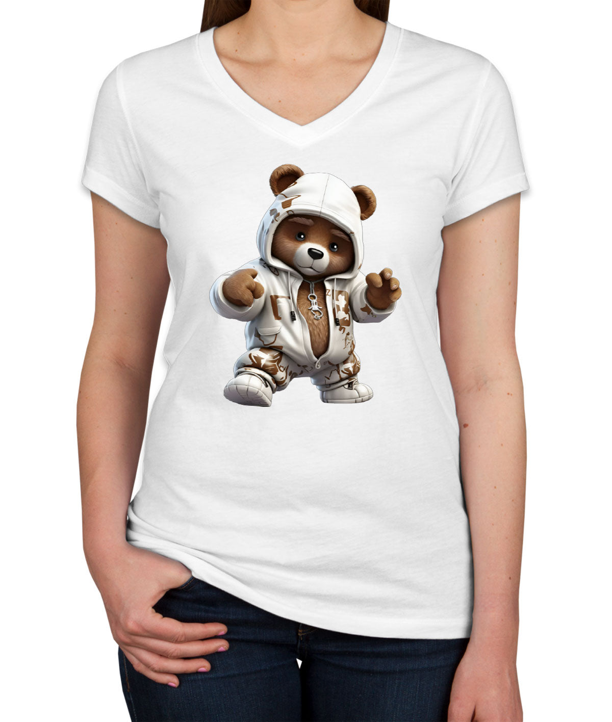 Teddy Bear Wearing Streetwear Women's V Neck T-shirt