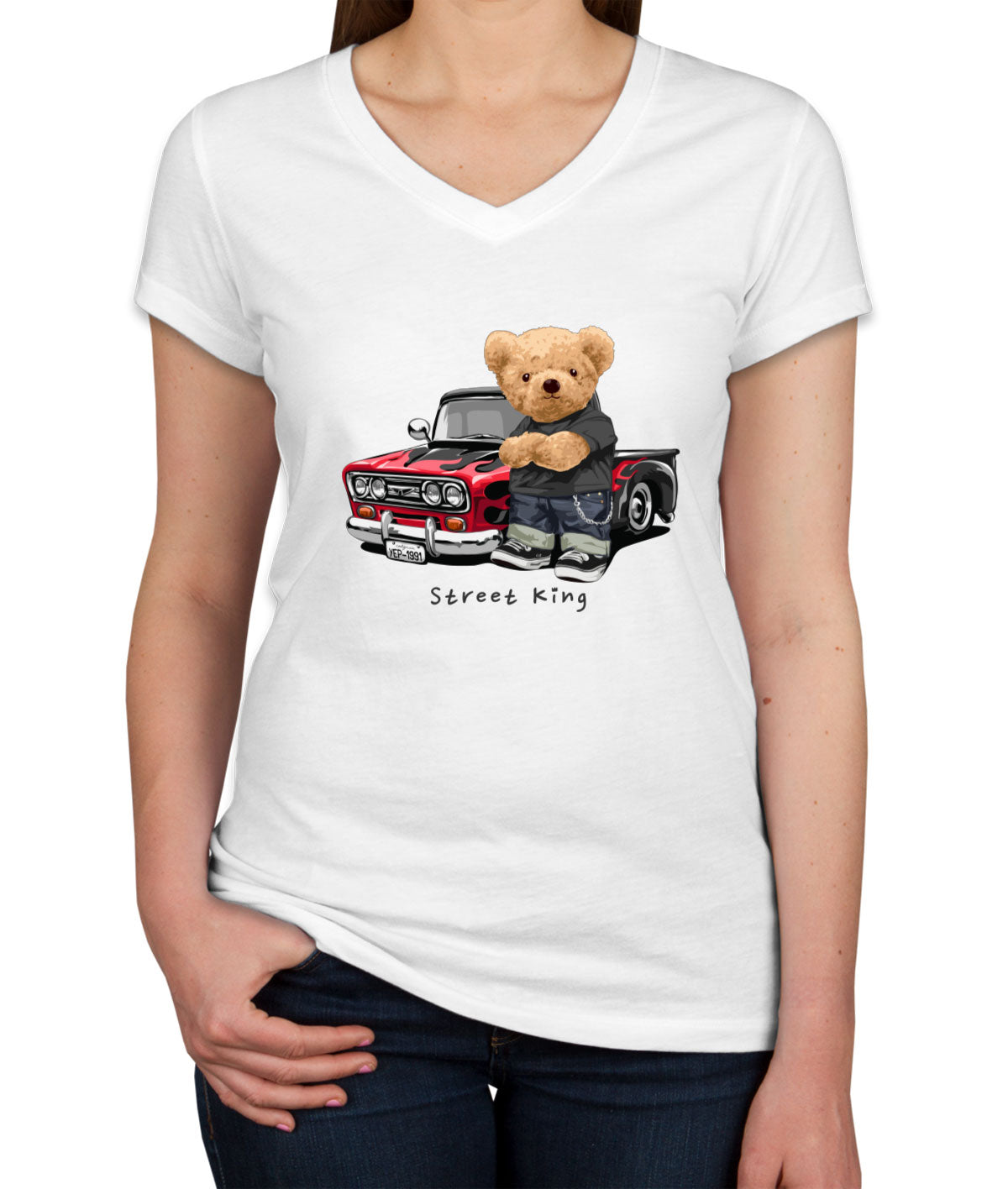 Teddy Bear Street King Women's V Neck T-shirt