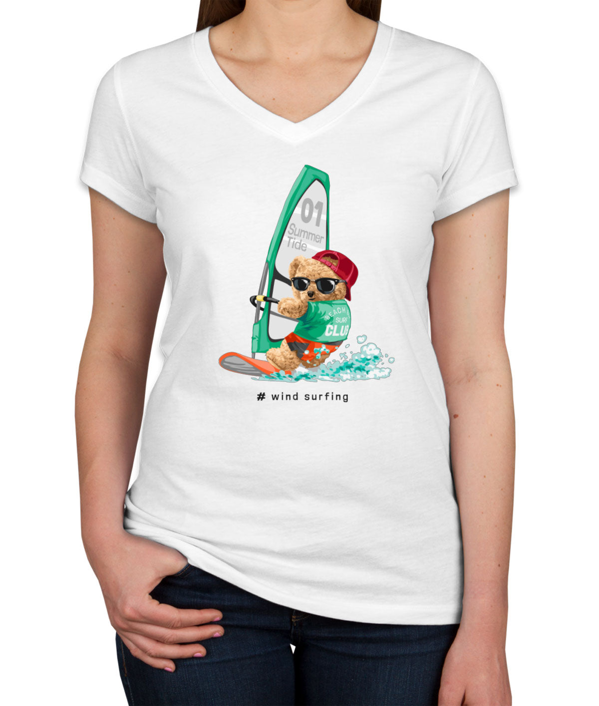 Teddy Bear Surfing Women's V Neck T-shirt