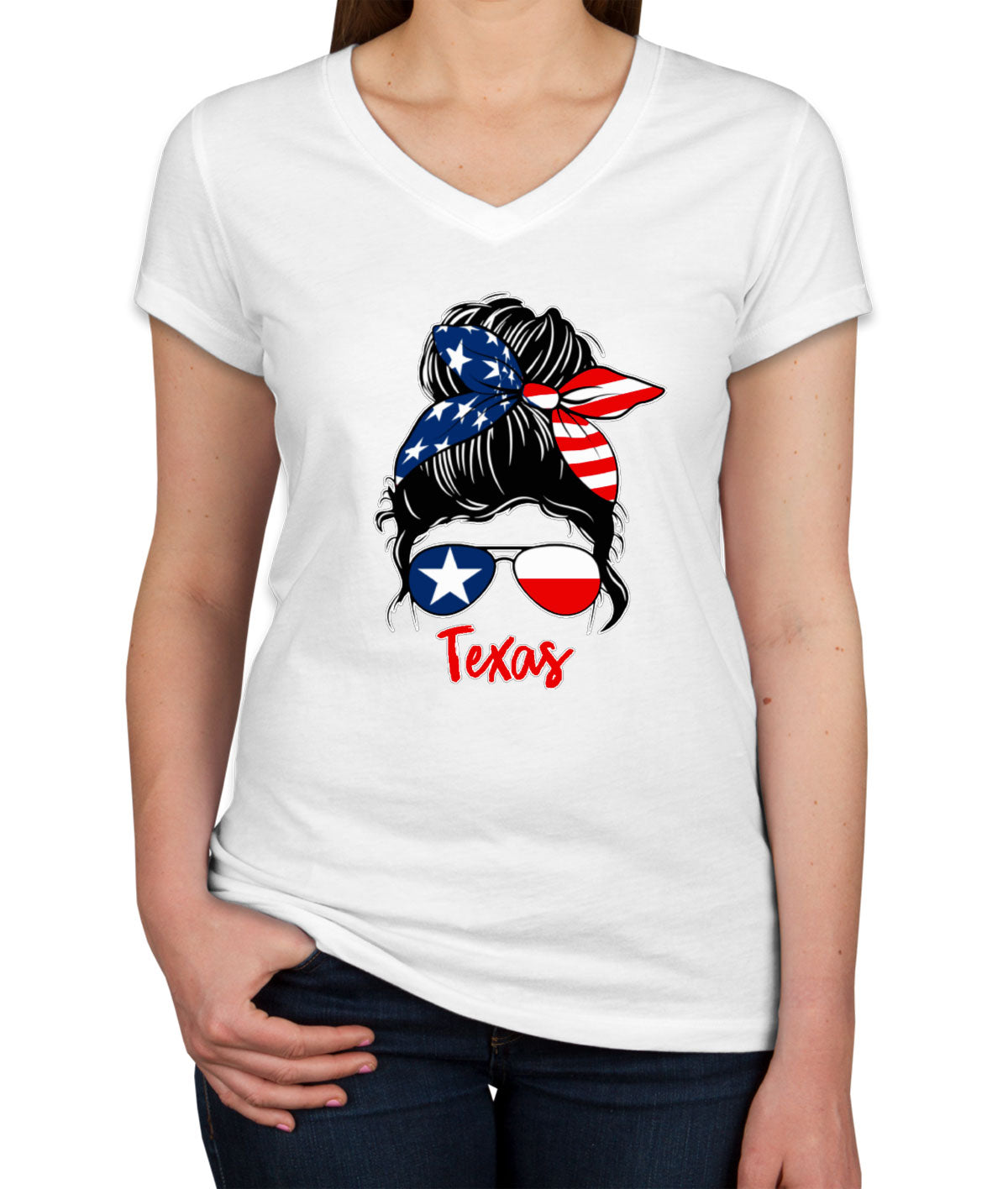 Texas Messy Bun Patriotic Women's V Neck T-shirt