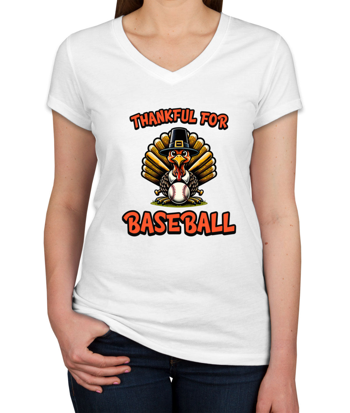 Thankful For Baseball Women's V Neck T-shirt