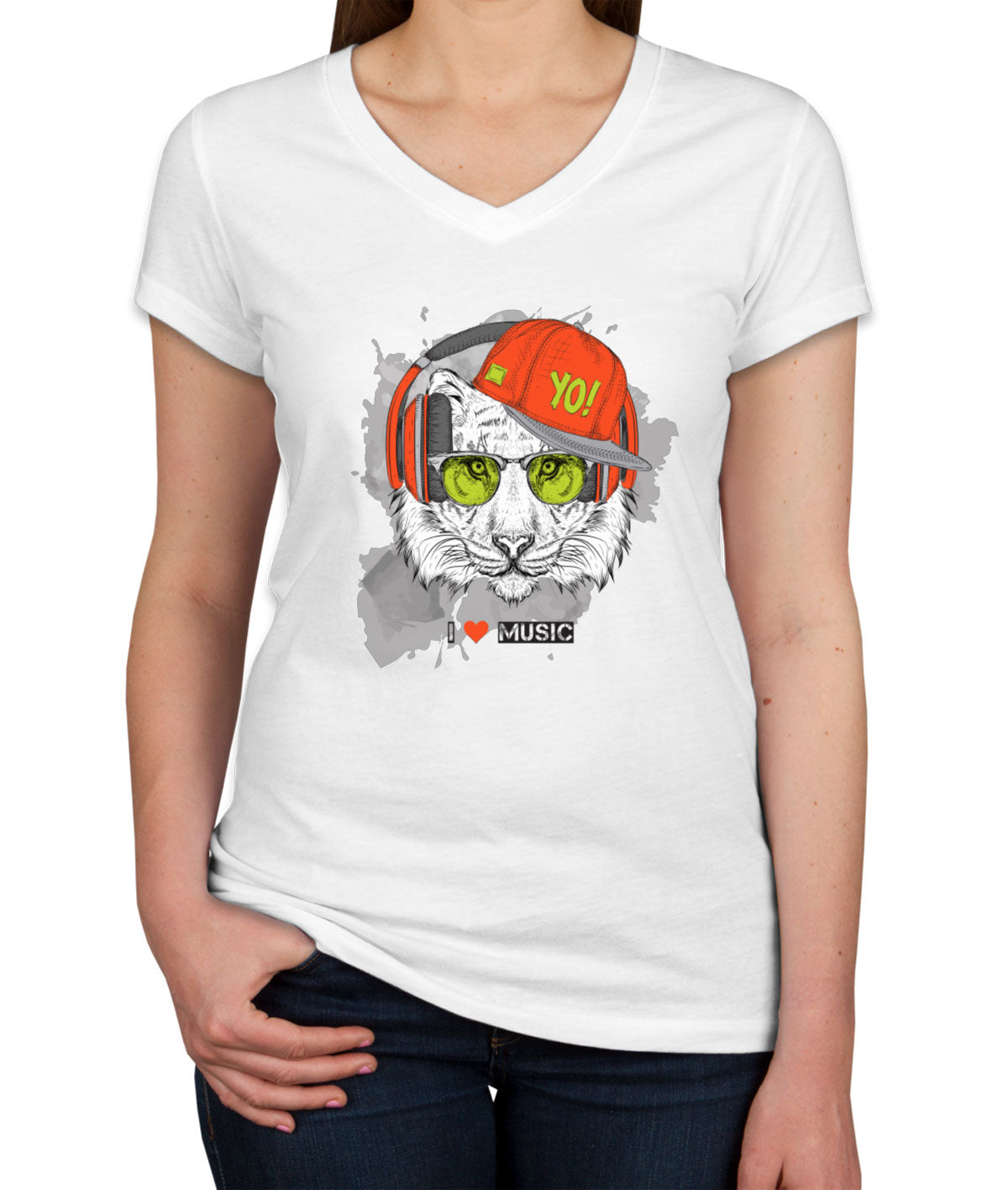 I Love Music Tiger With Headphones Women's V Neck T-shirt