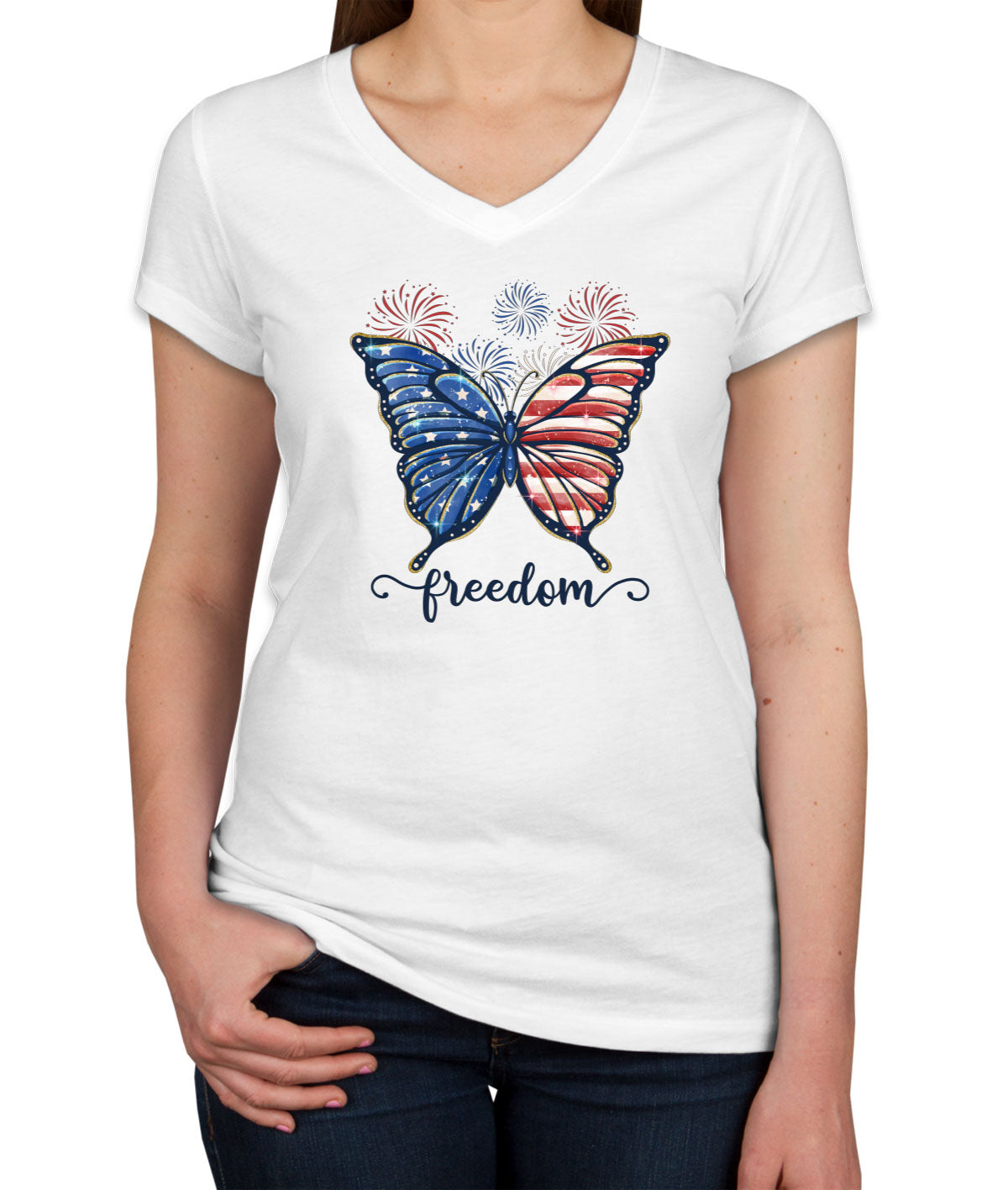 Freedom Butterfly USA Patriotic Women's V Neck T-shirt