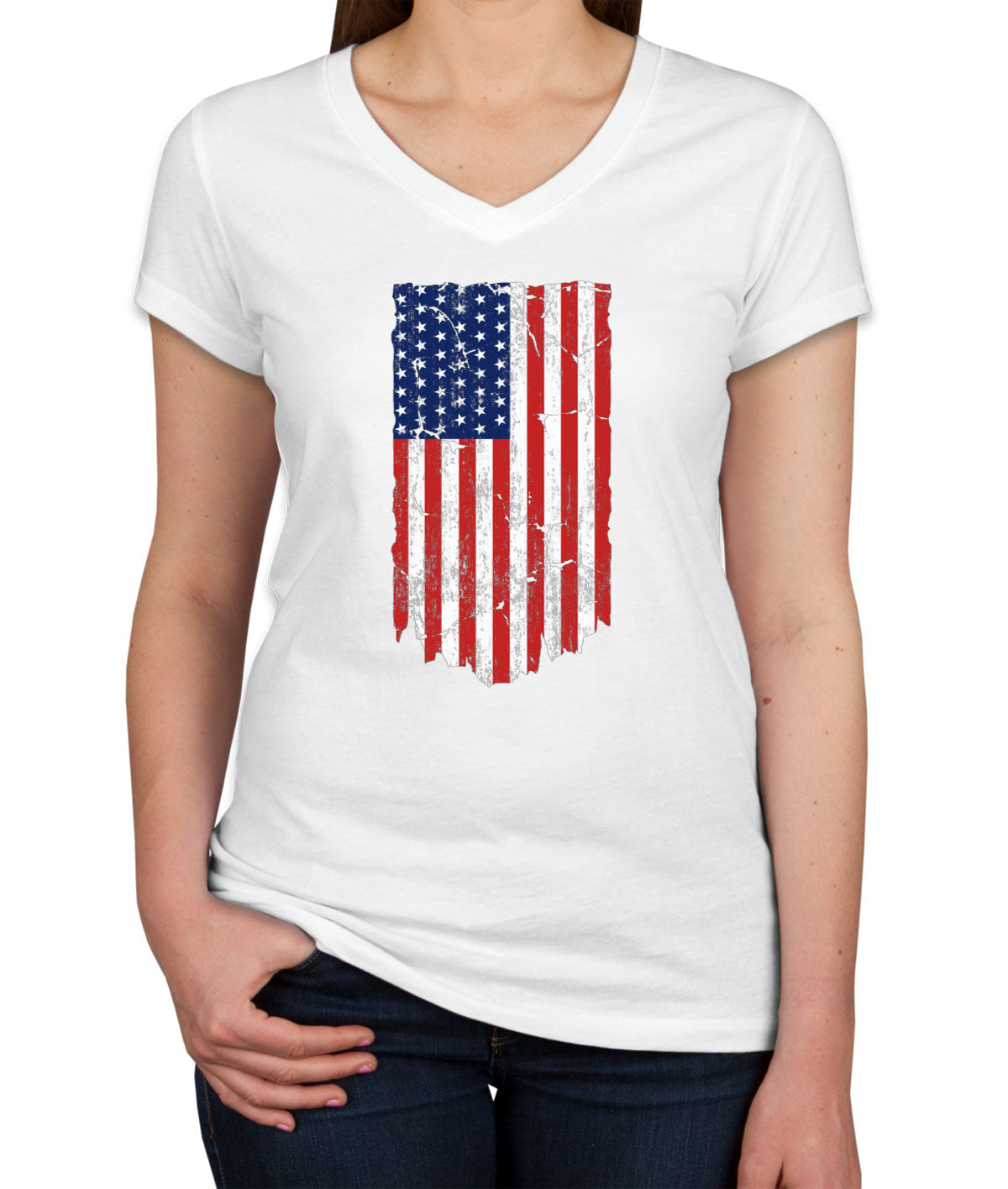 Distressed USA American Flag Women's V Neck T-shirt