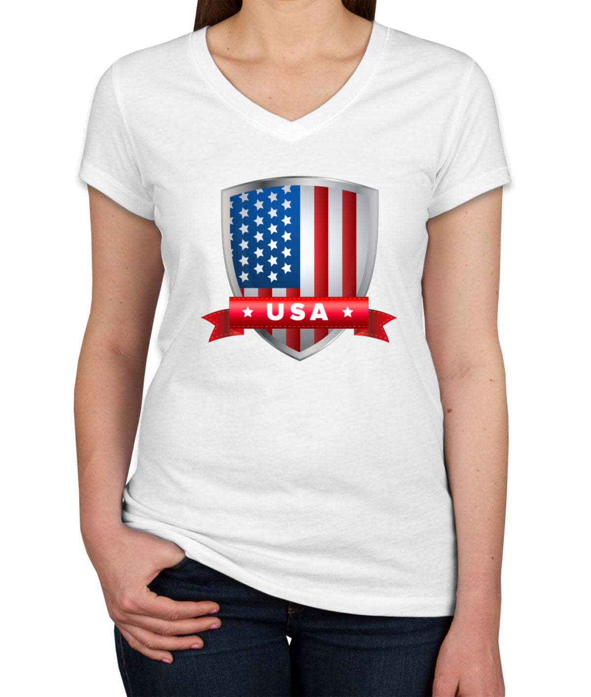 USA Shield Flag Women's V Neck T-shirt