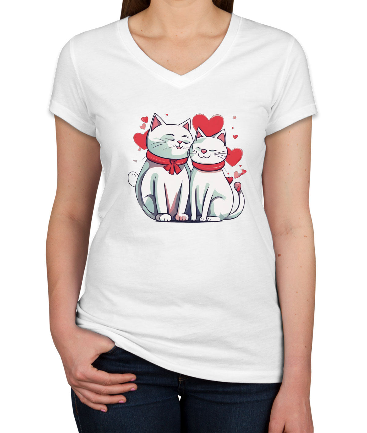 Cute Cat Couples Valentine's Day Women's V Neck T-shirt