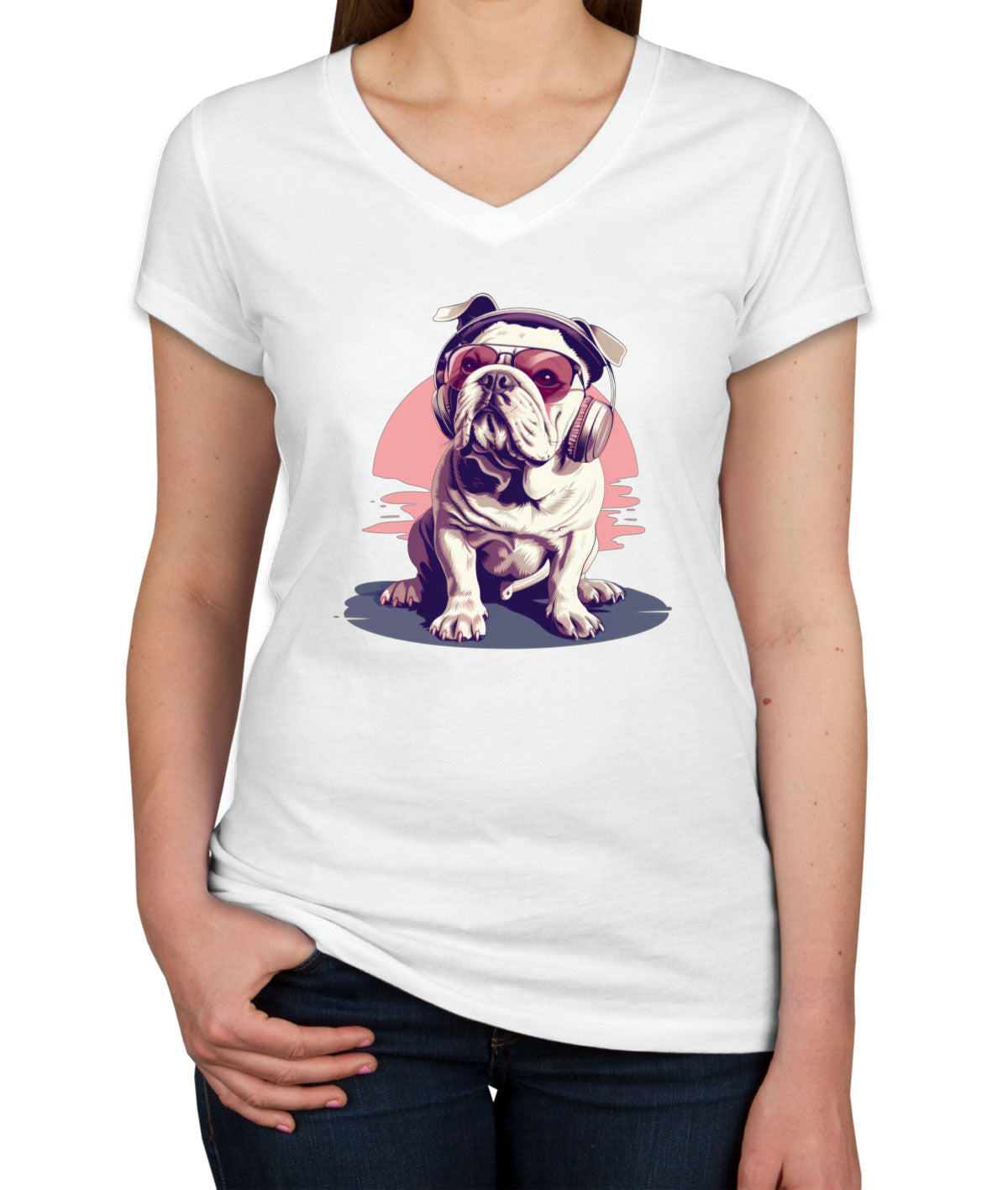 Vintage Bulldog With Headphone And Sunglasses Women's V Neck T-shirt