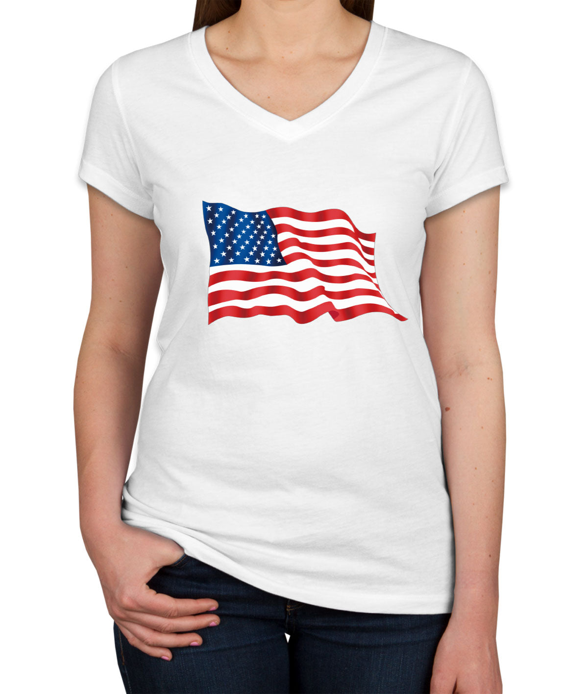 Waving American Flag Patriotic Women's V Neck T-shirt