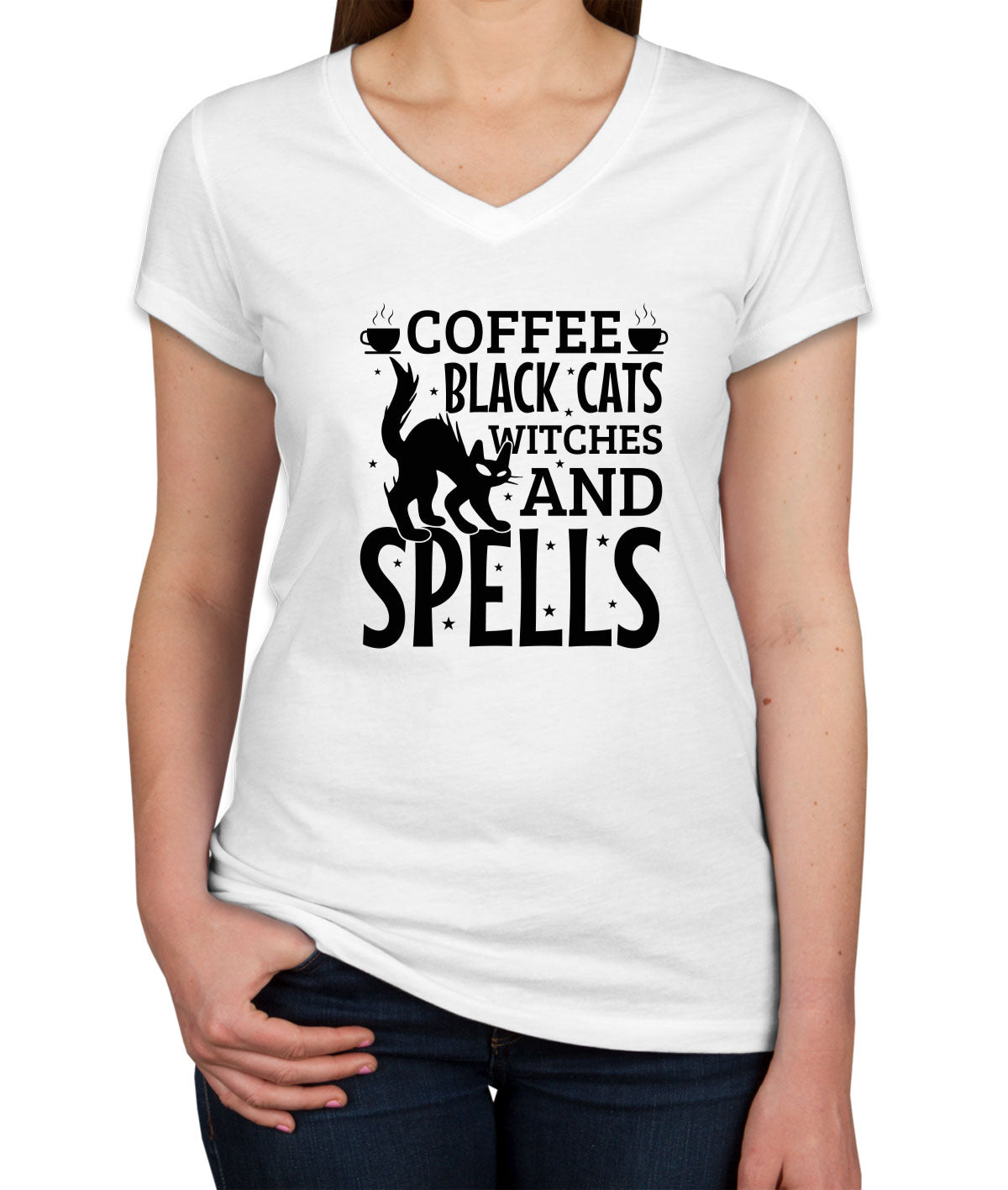 Coffee Black Cats Witches And Spells Halloween Women's V Neck T-shirt