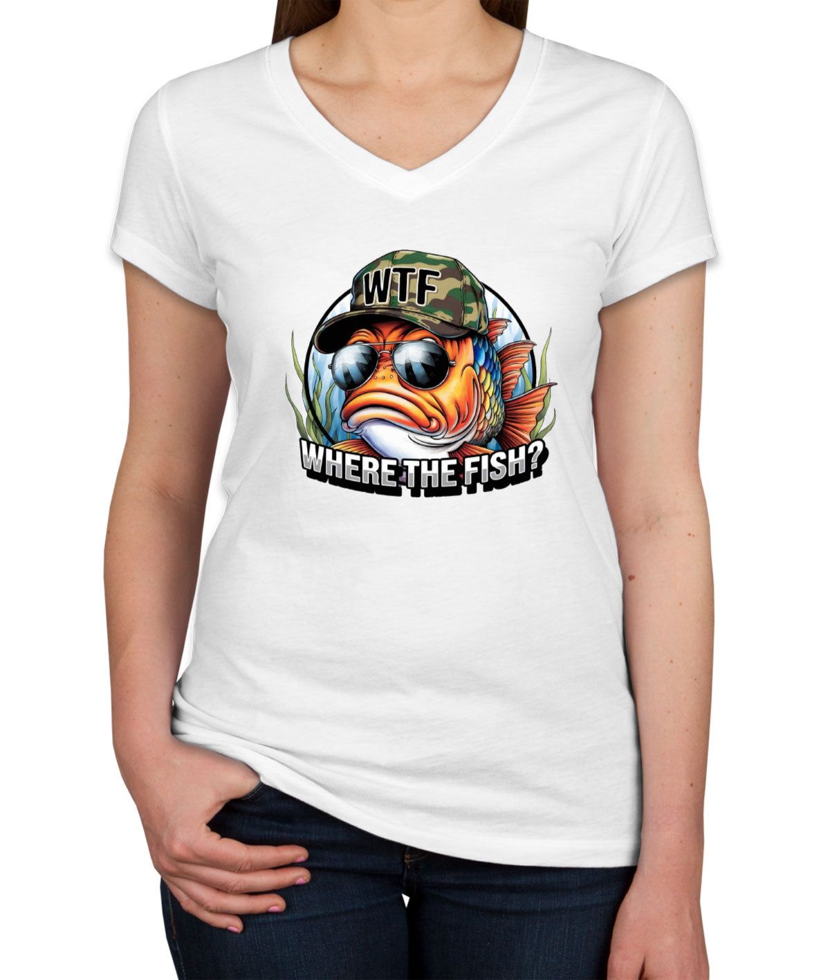 WTF Where The Fish Hunting Bass Fishing Women's V Neck T-shirt