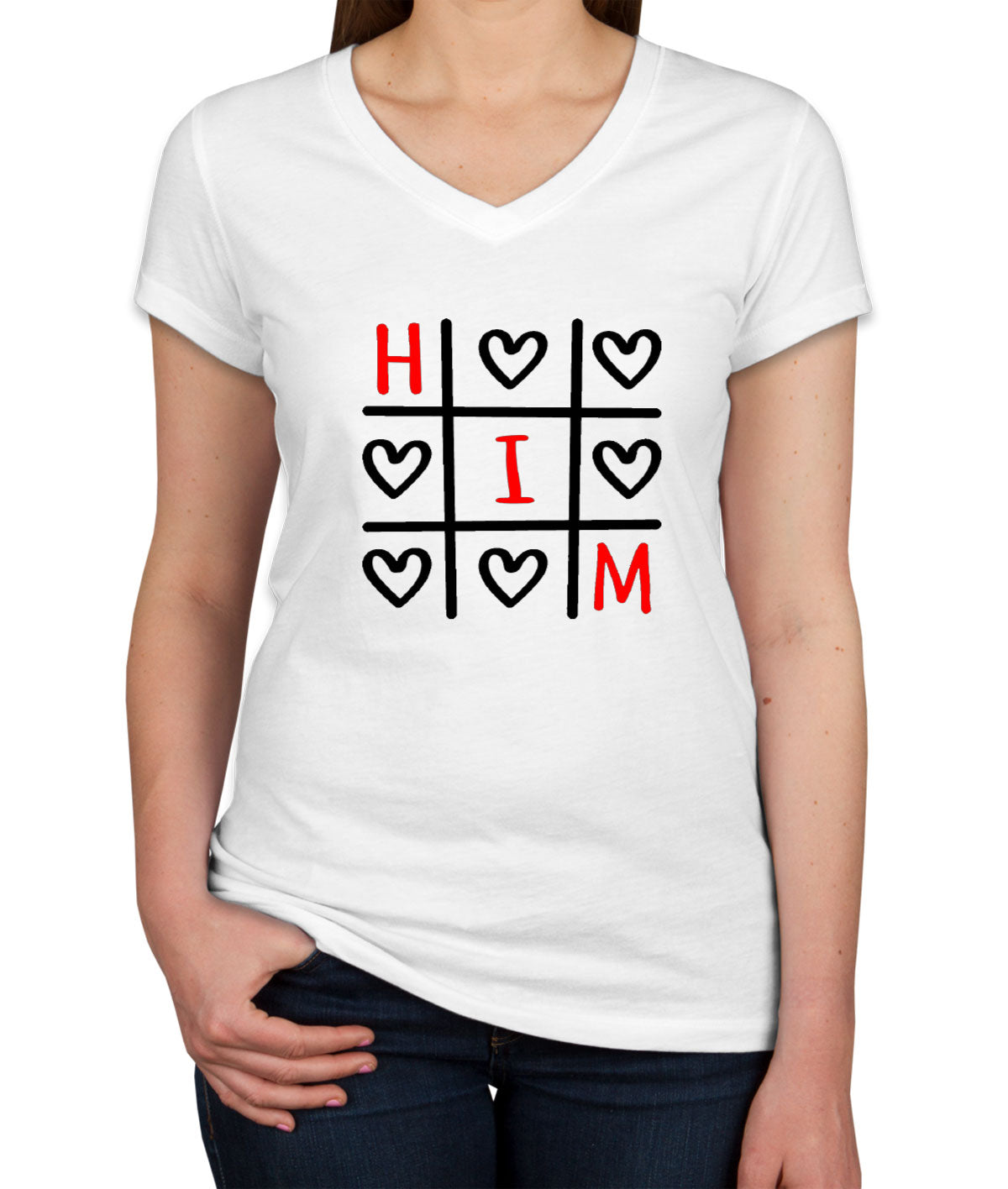 Tic Tac XO Him Valentine's Day Matching Women's V Neck T-shirt