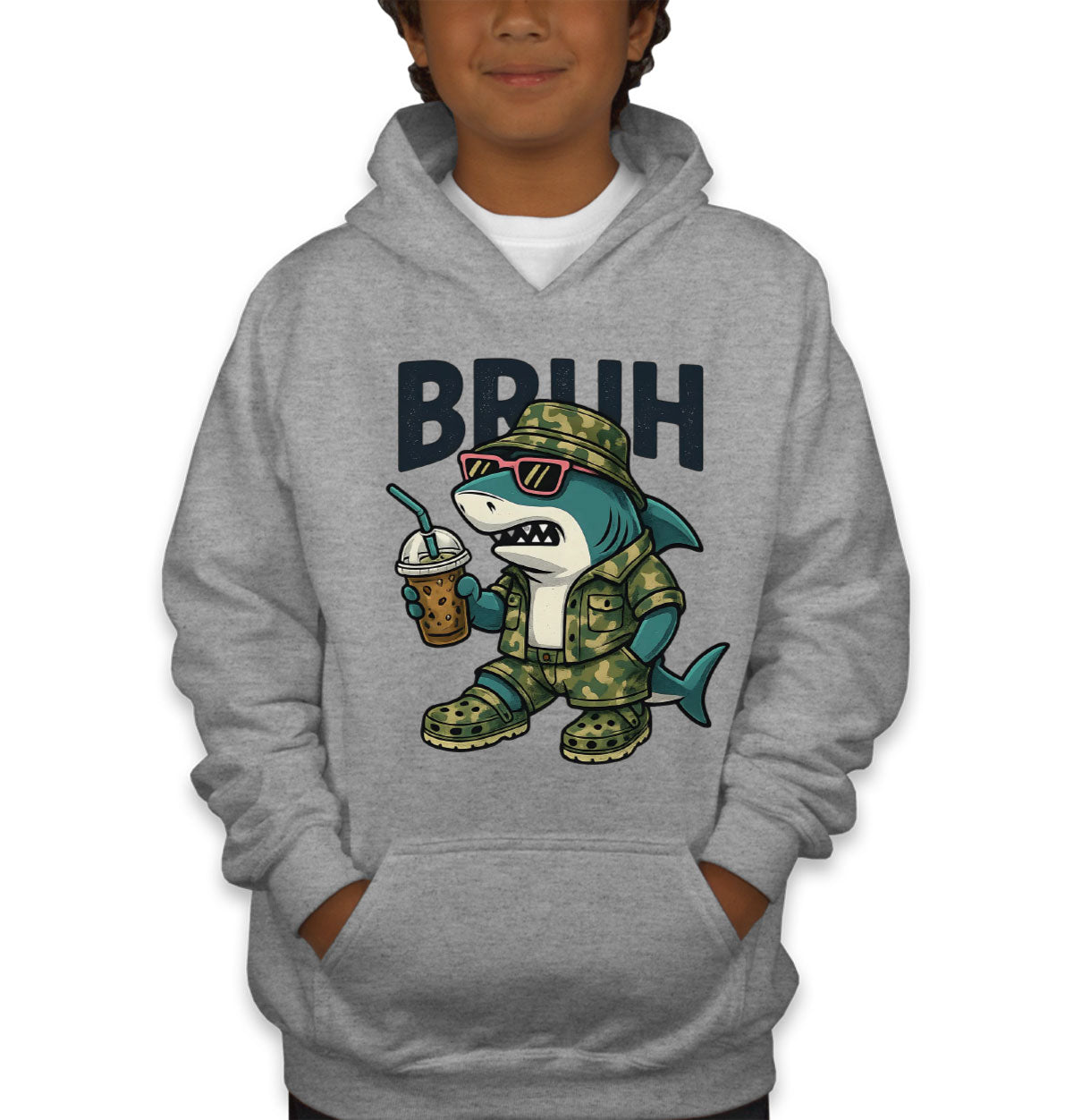 Camo Shark Bruh Hunting Youth Hoodie