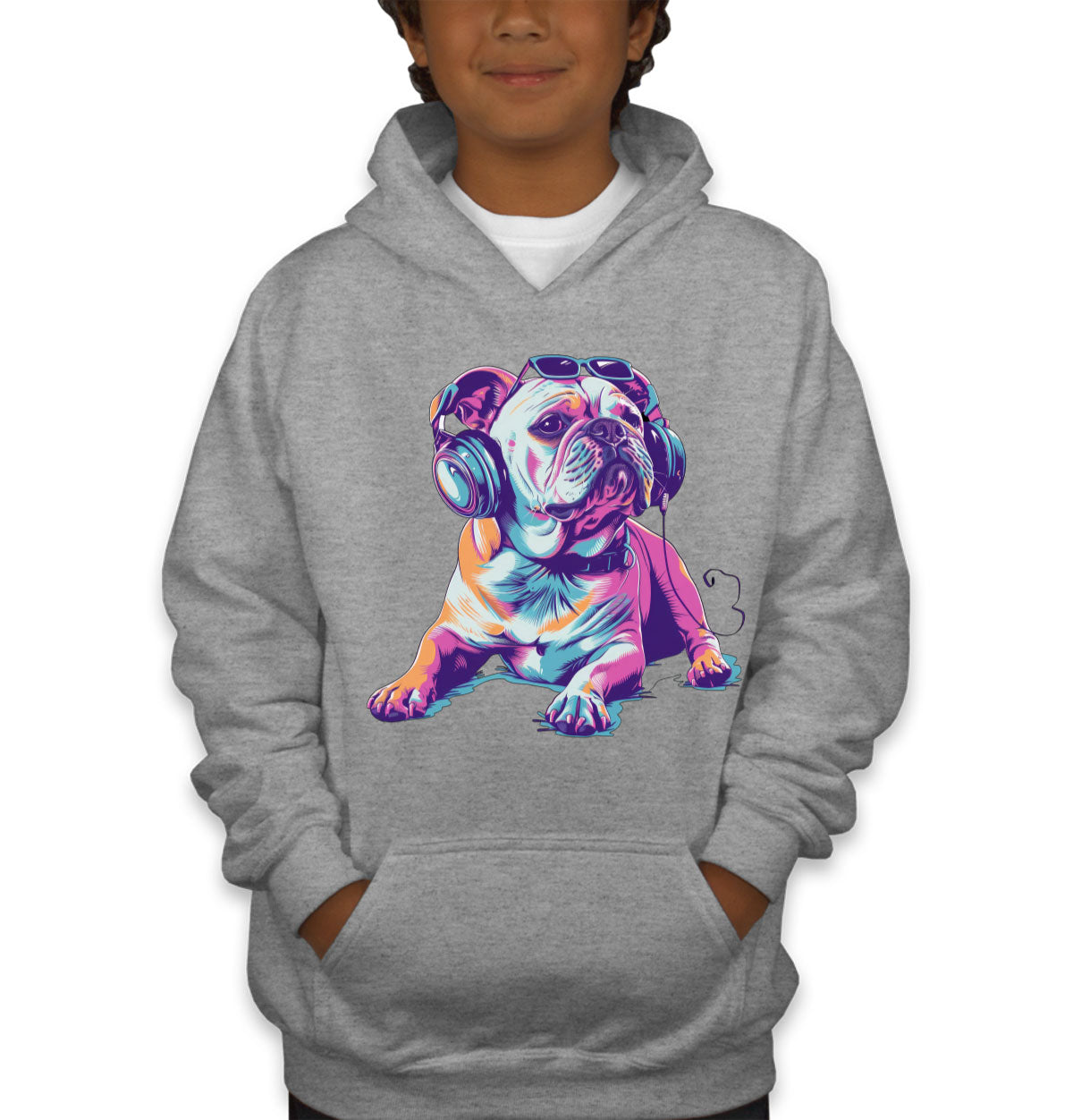 Bulldog With Headphone And Sunglasses Youth Hoodie