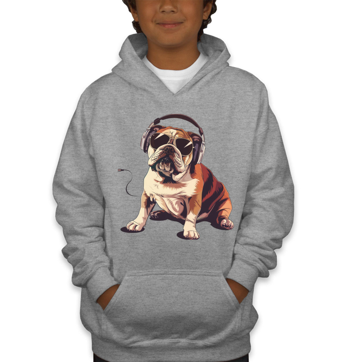 Bulldog With Headphone Youth Hoodie