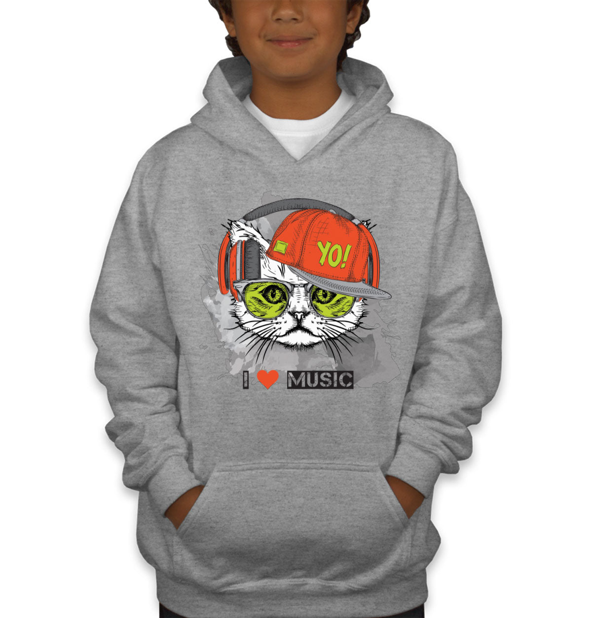 I Love Music Cat With Headphones Youth Hoodie
