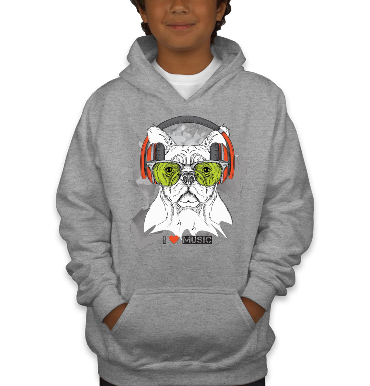 I Love Music Dog With Headphones Youth Hoodie