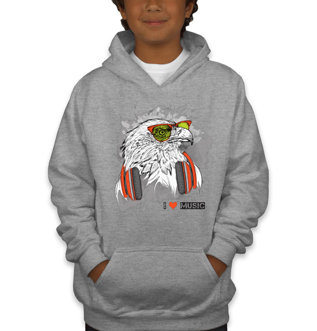I Love Music Eagle With Headphones Youth Hoodie