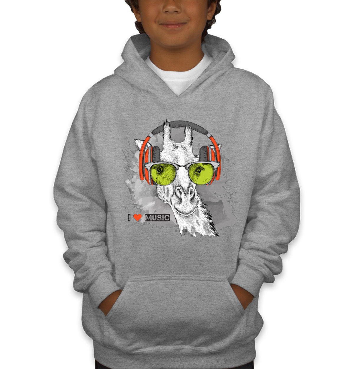 I Love Music Giraffe With Headphones Youth Hoodie