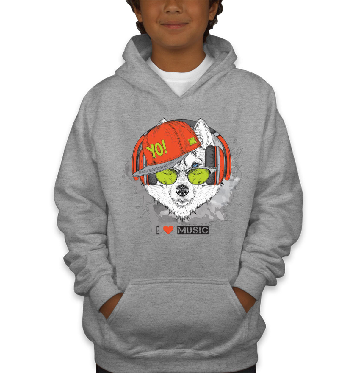 I Love Music Husky With Headphones Youth Hoodie