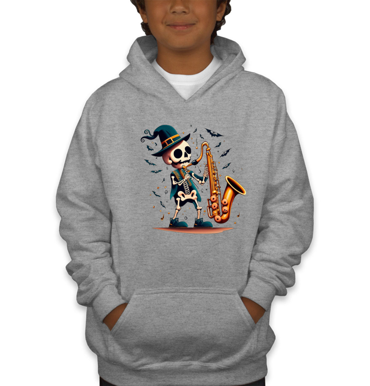 Skeleton Playing Saxophone Youth Hoodie