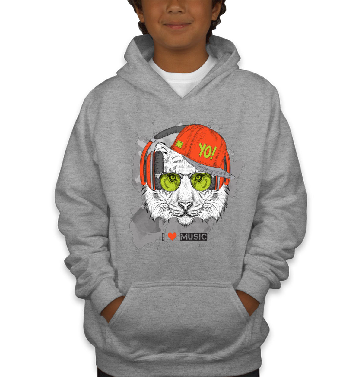 I Love Music Tiger With Headphones Youth Hoodie
