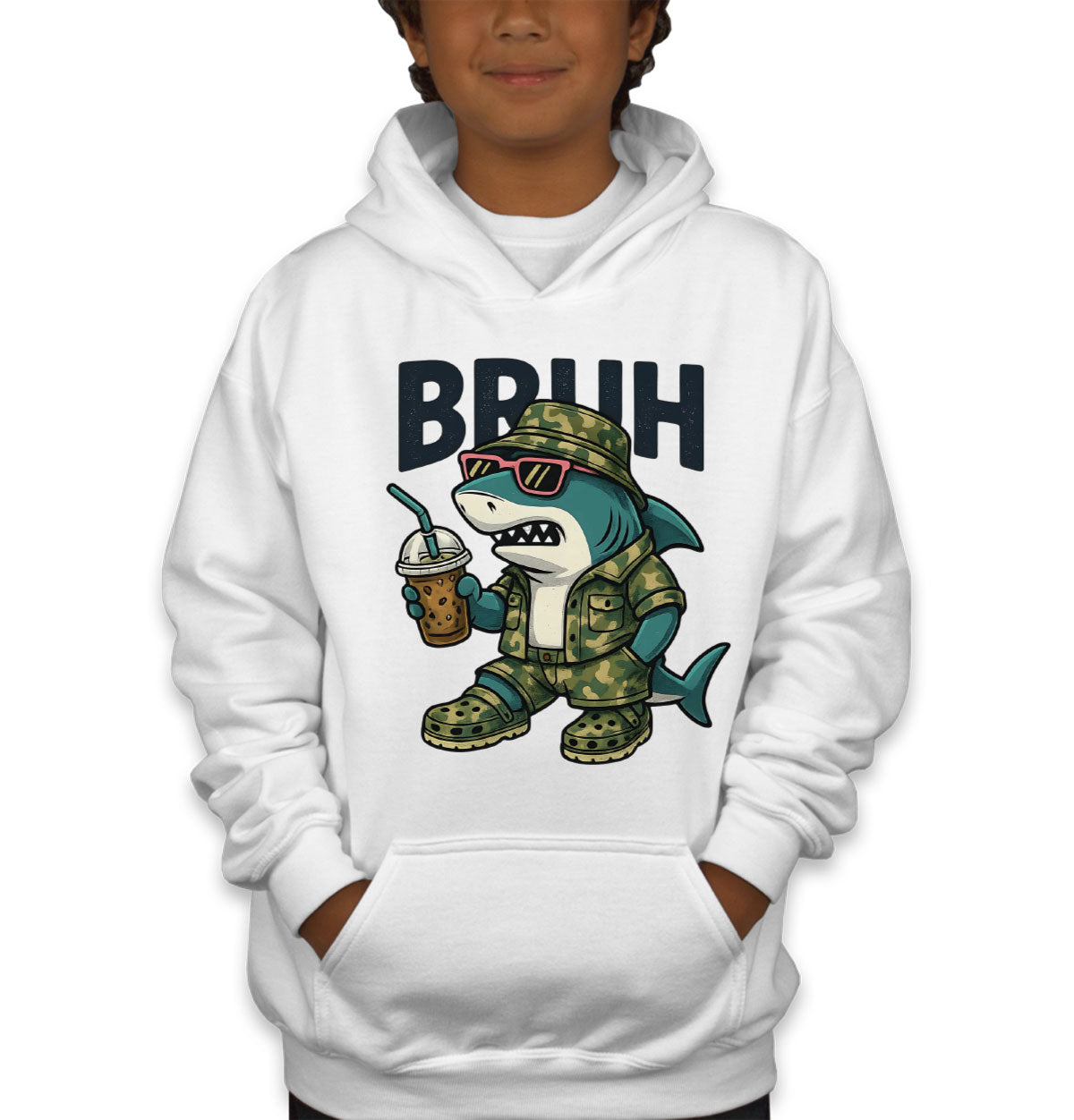 Camo Shark Bruh Hunting Youth Hoodie