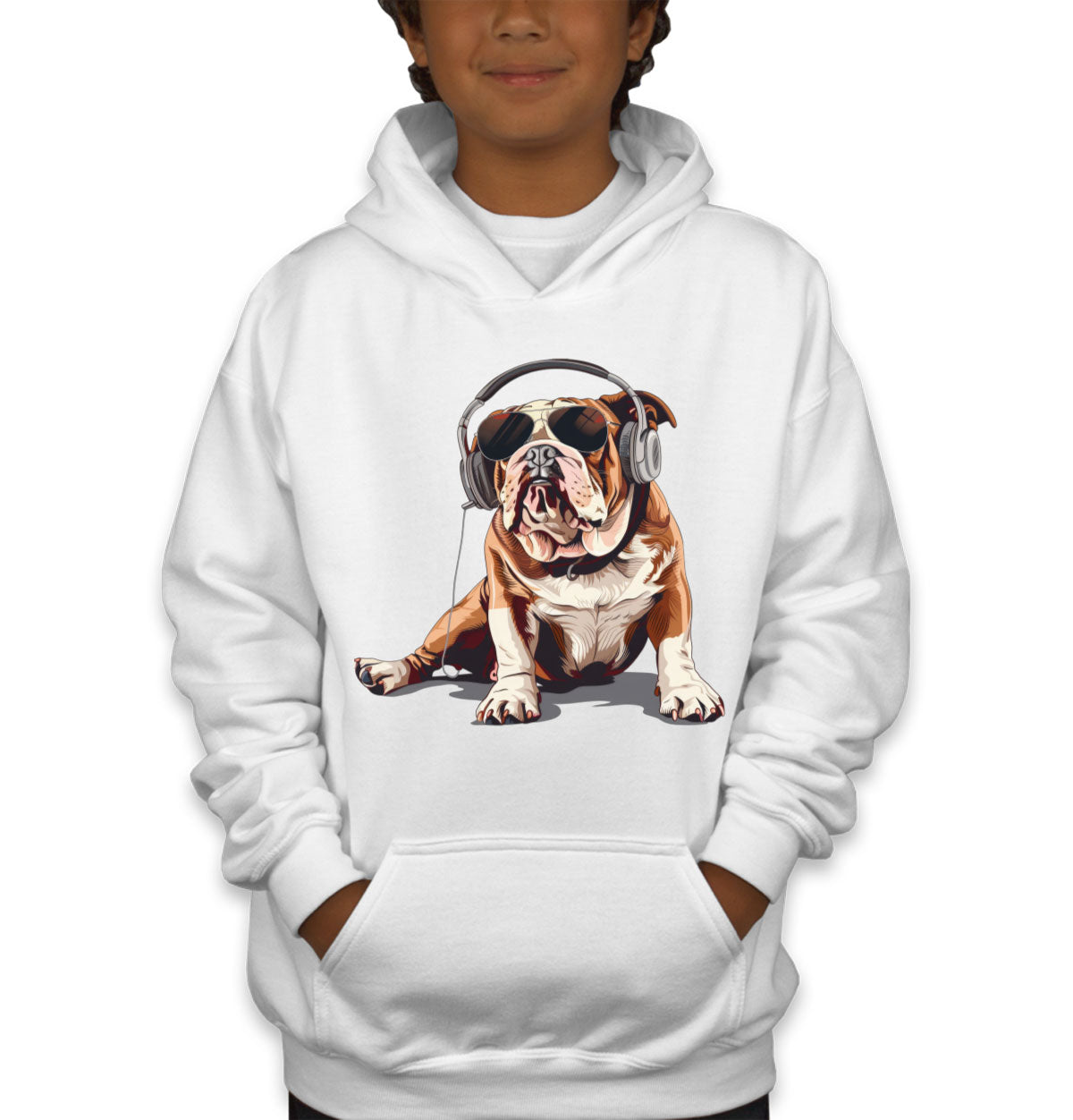 Bulldog With Headphone Youth Hoodie