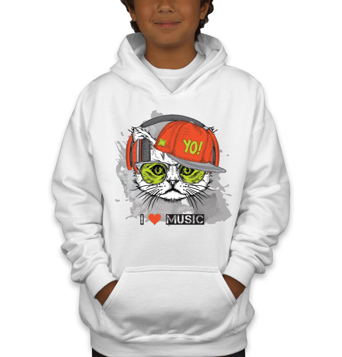 I Love Music Cat With Headphones Youth Hoodie