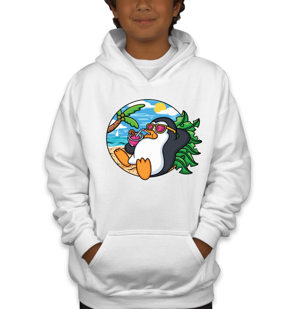 Cartoon Penguin On Vacation Youth Hoodie