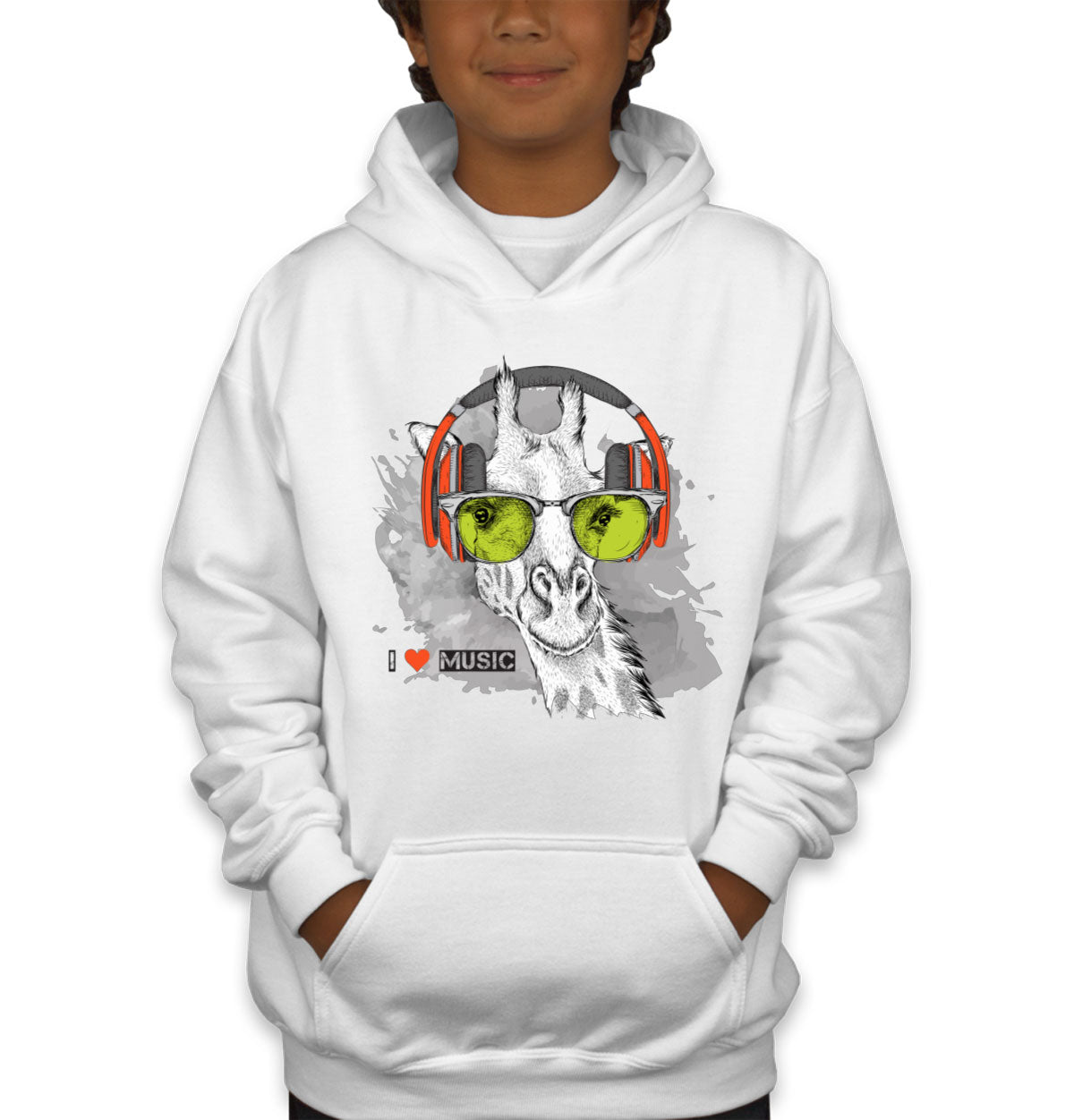 I Love Music Giraffe With Headphones Youth Hoodie