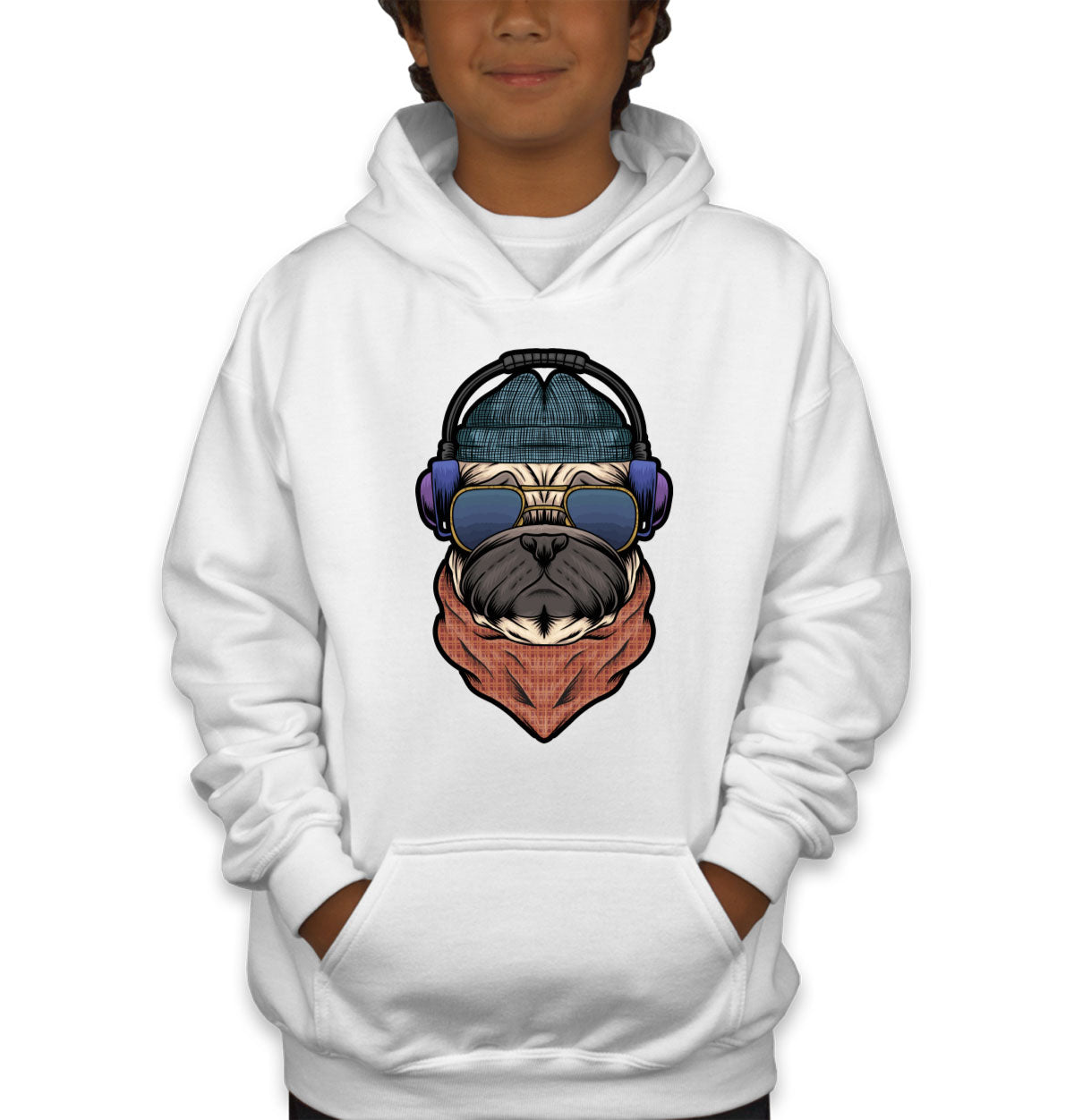 Pug Dog With Headphone Youth Hoodie