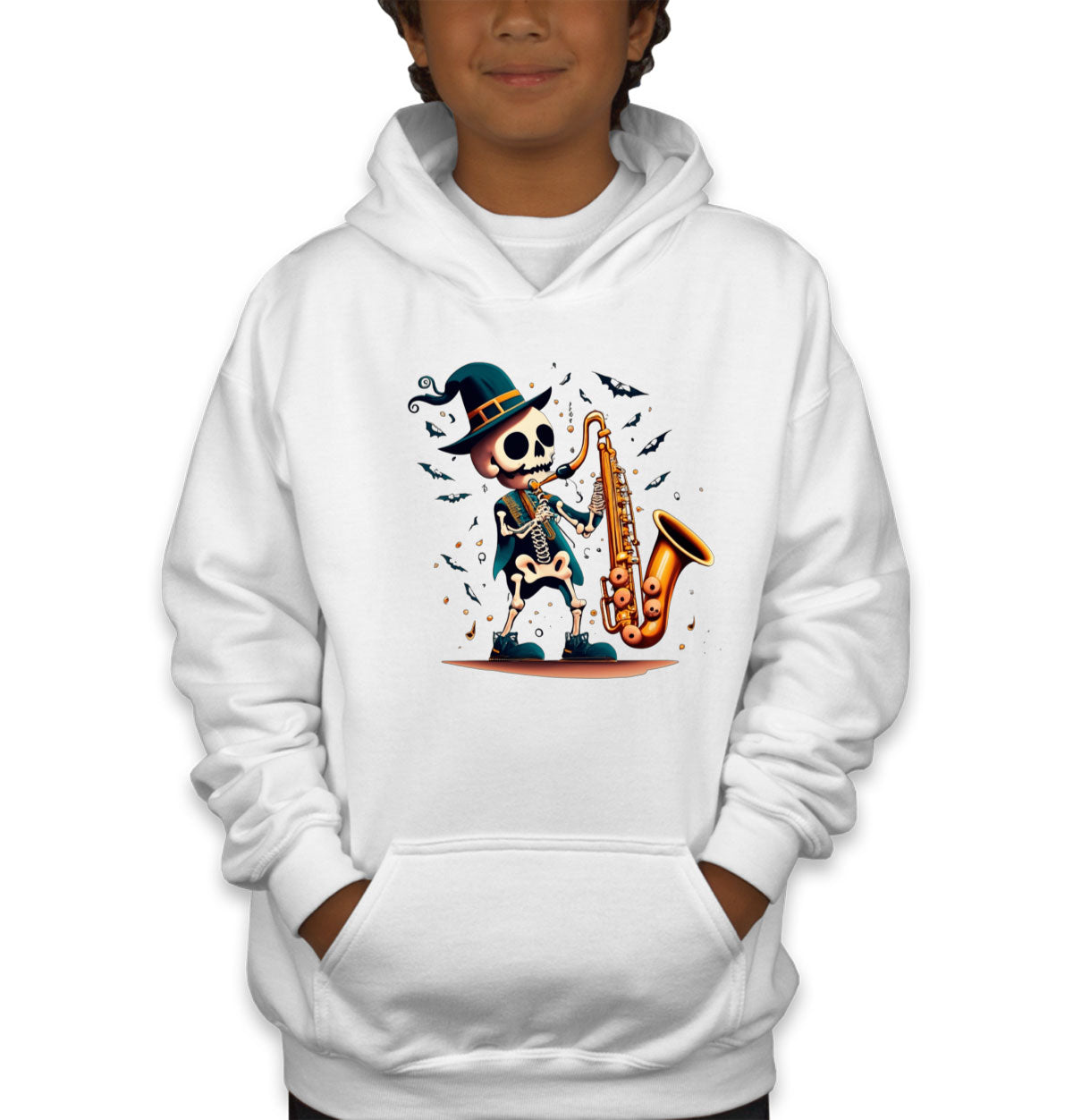 Skeleton Playing Saxophone Youth Hoodie