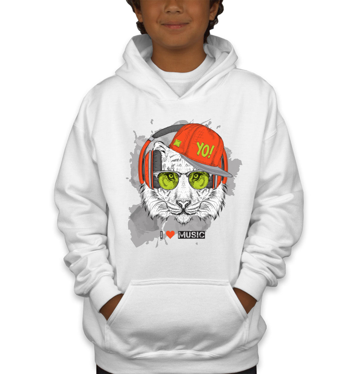 I Love Music Tiger With Headphones Youth Hoodie
