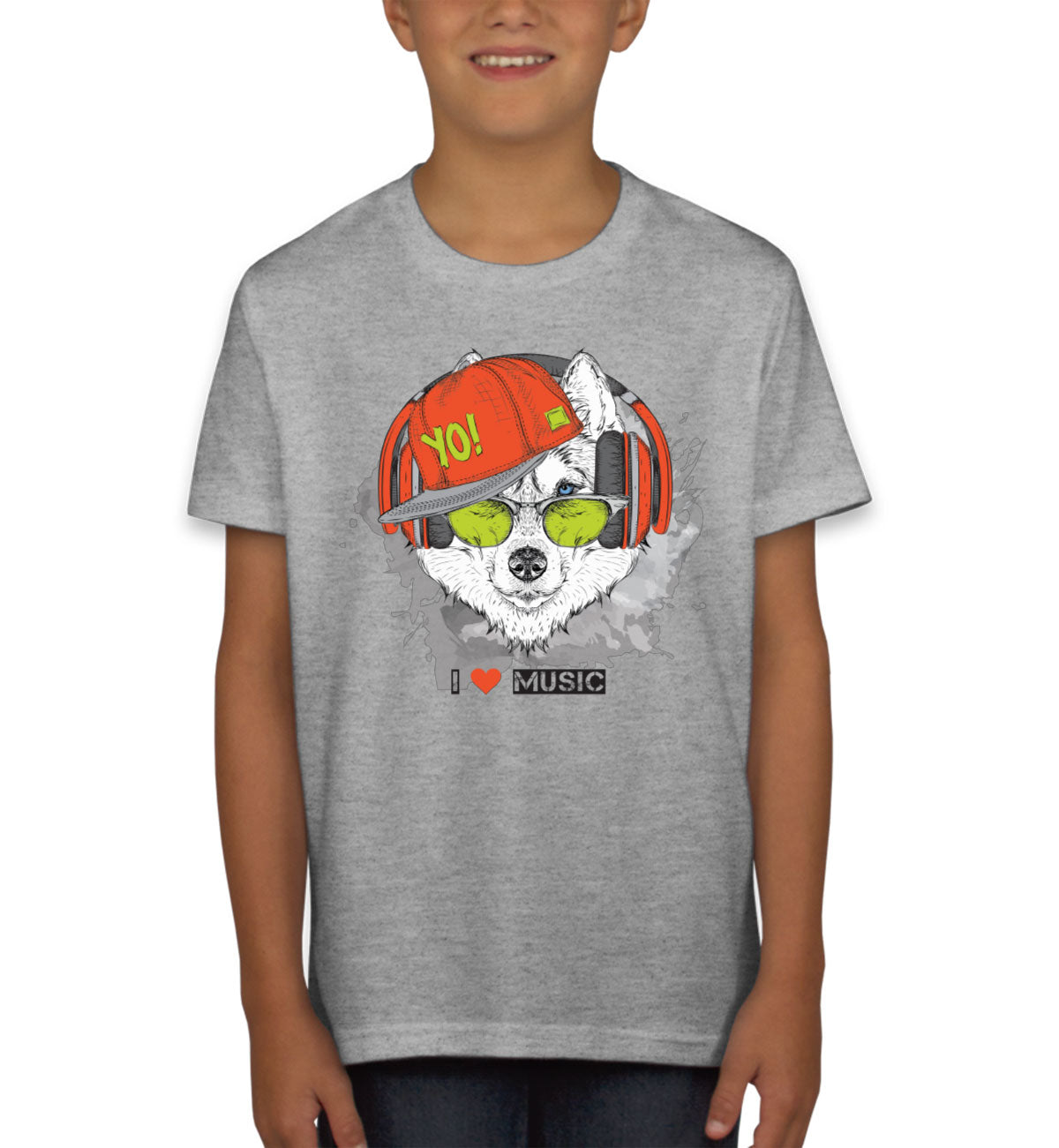 I Love Music Husky With Headphones Youth T-shirt
