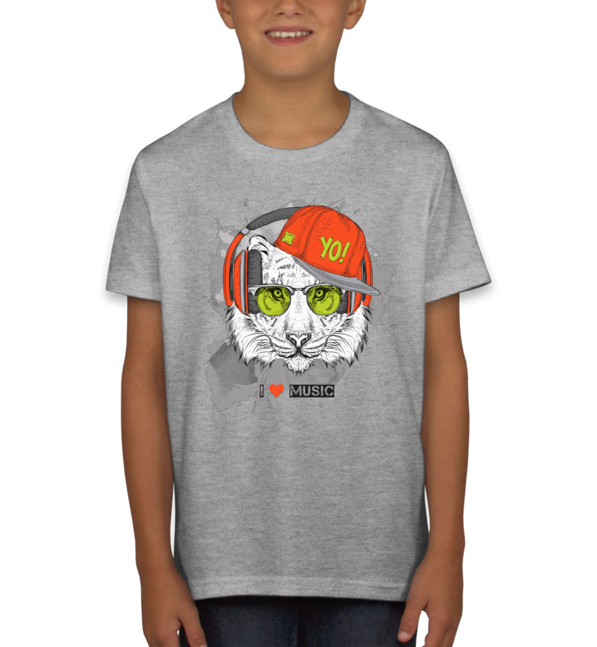 I Love Music Tiger With Headphones Youth T-shirt