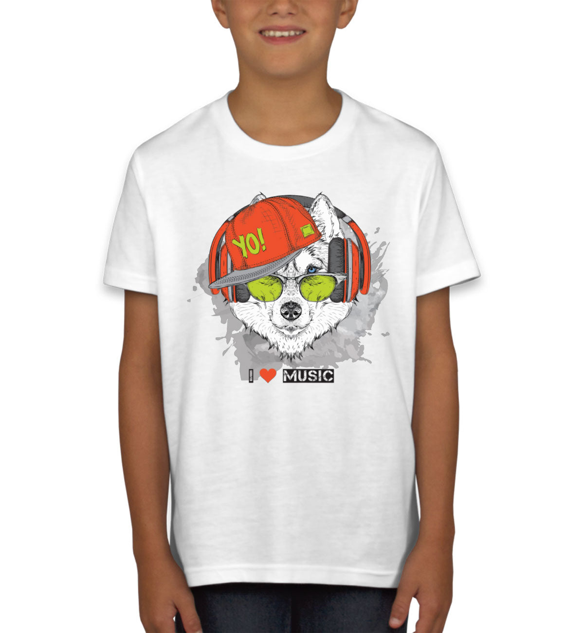I Love Music Husky With Headphones Youth T-shirt