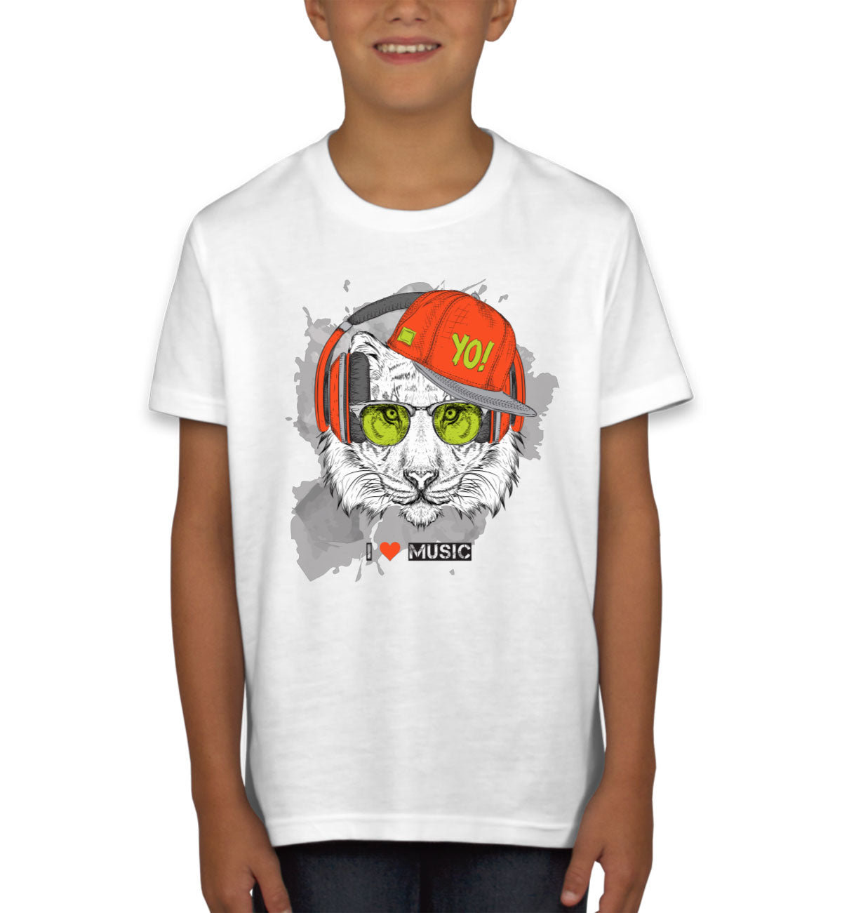 I Love Music Tiger With Headphones Youth T-shirt
