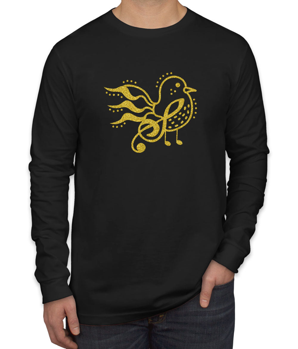 Bird Music Notes Gold Glitter Print Men's Long Sleeve Shirt