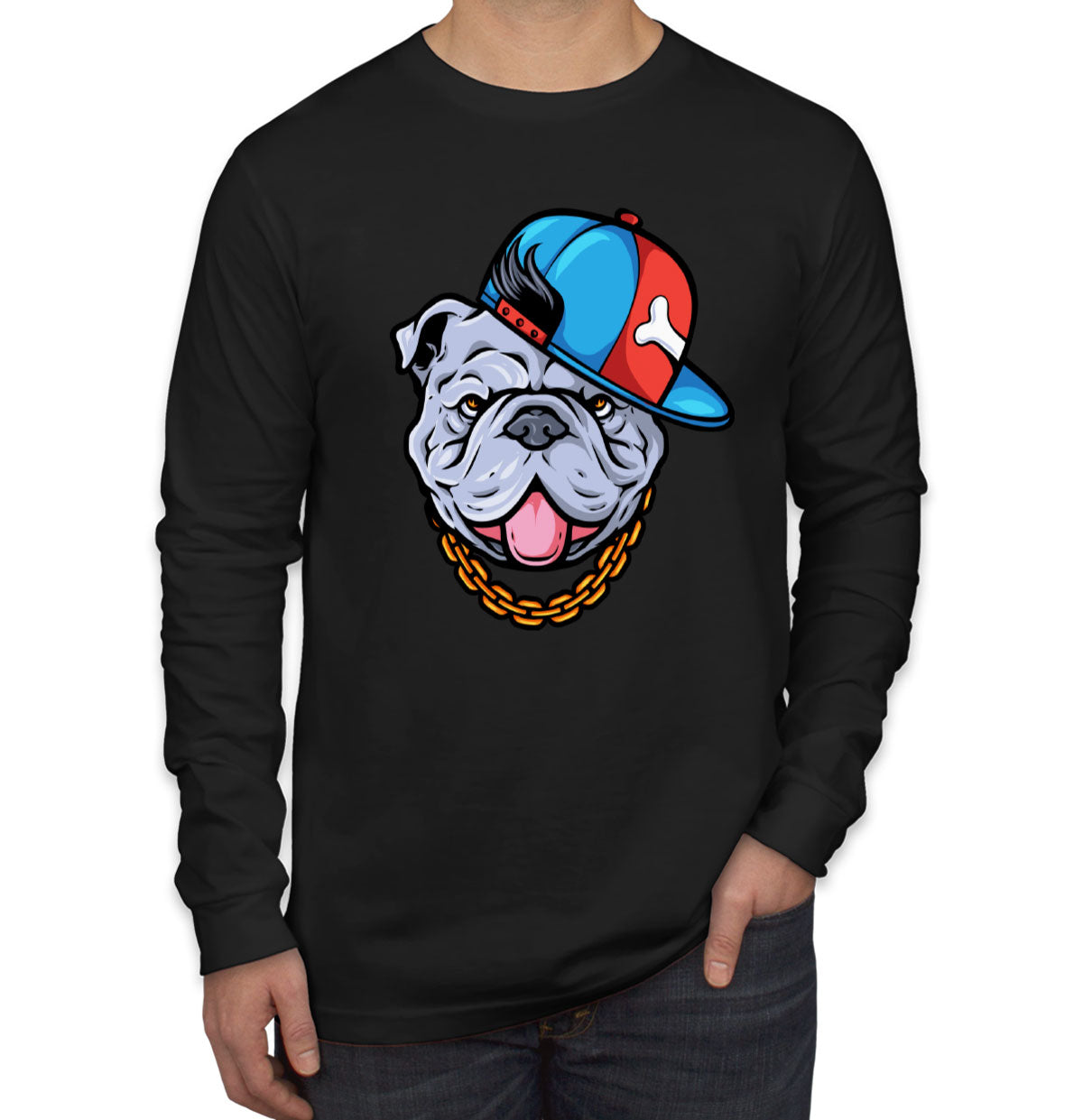 Bulldog Cartoon Wearing Gold Chain Men's Long Sleeve Shirt