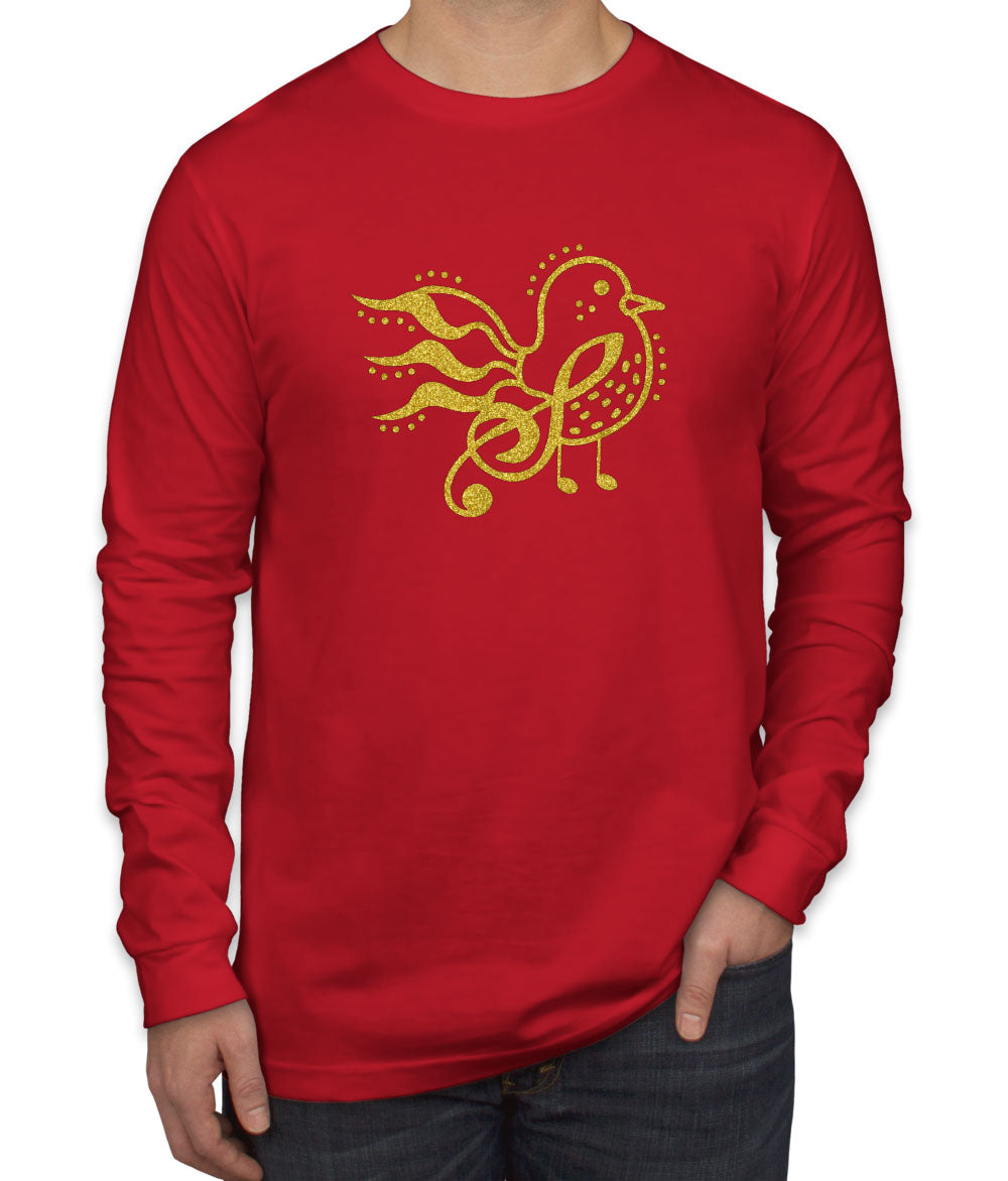 Bird Music Notes Gold Glitter Print Men's Long Sleeve Shirt