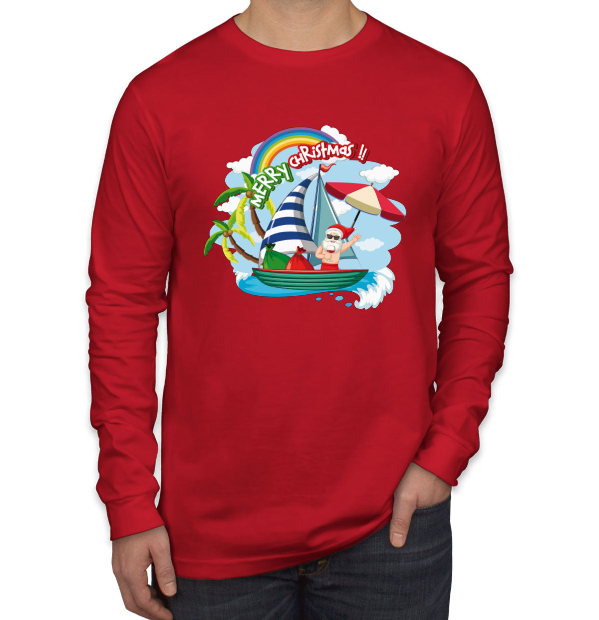 Santa Claus On The Boat In Summer Men's Long Sleeve Shirt