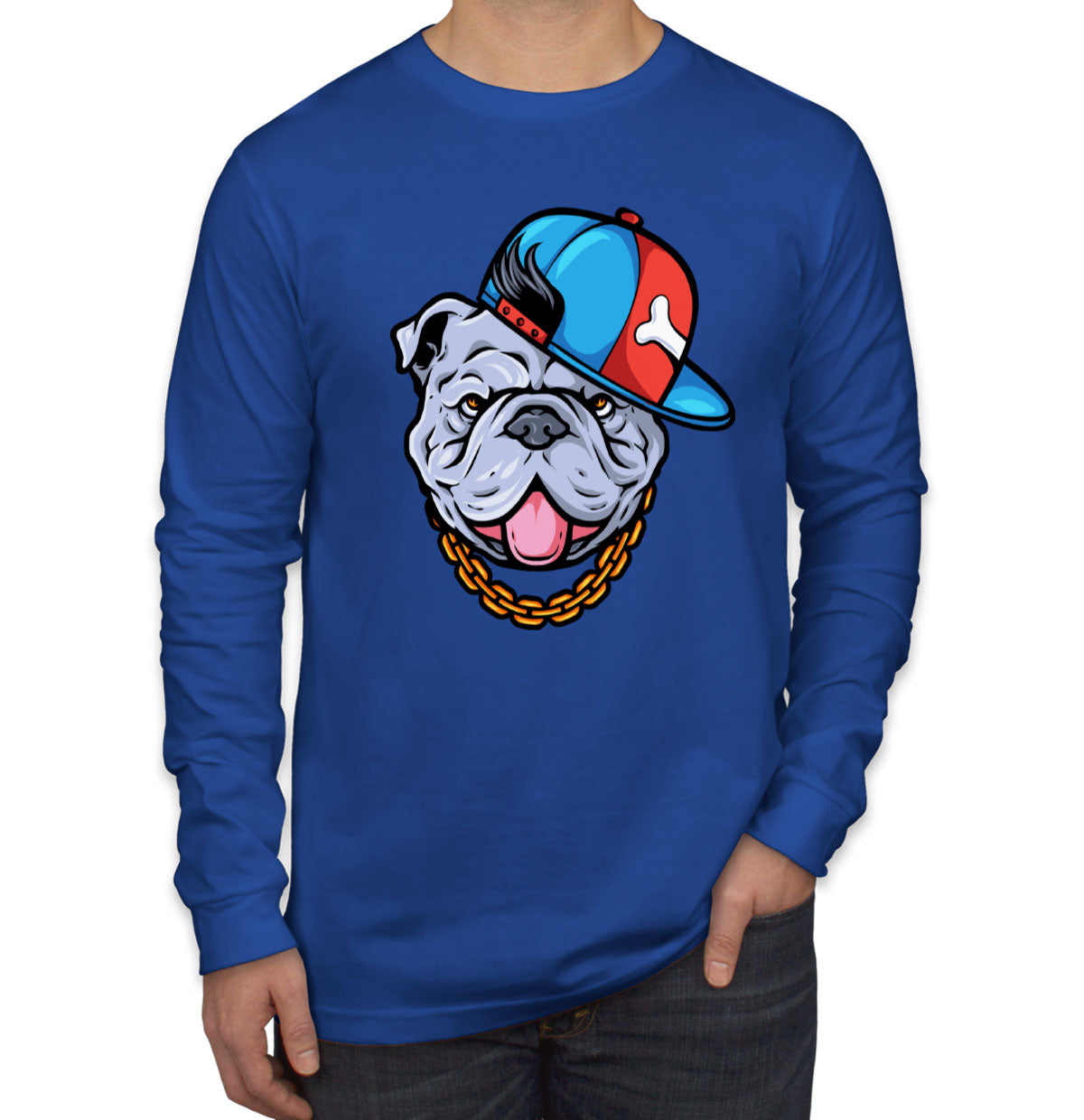 Bulldog Cartoon Wearing Gold Chain Men's Long Sleeve Shirt