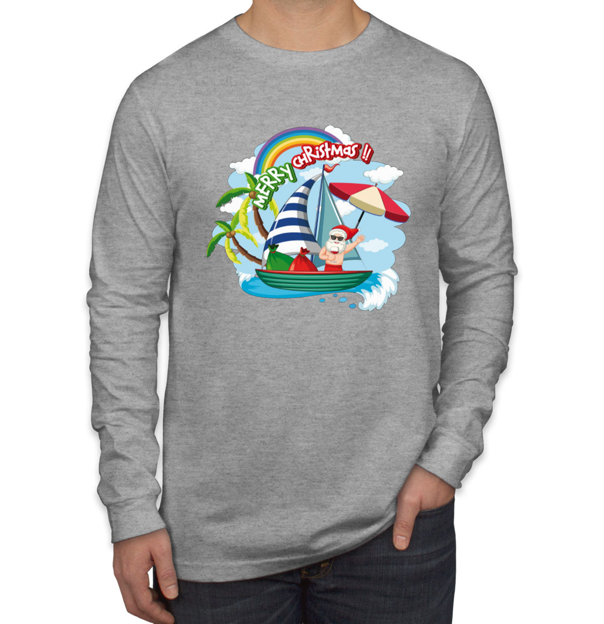 Santa Claus On The Boat In Summer Men's Long Sleeve Shirt