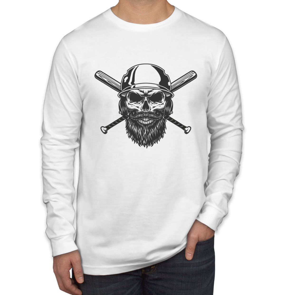 Skull in Baseball Helmet Men's Long Sleeve Shirt