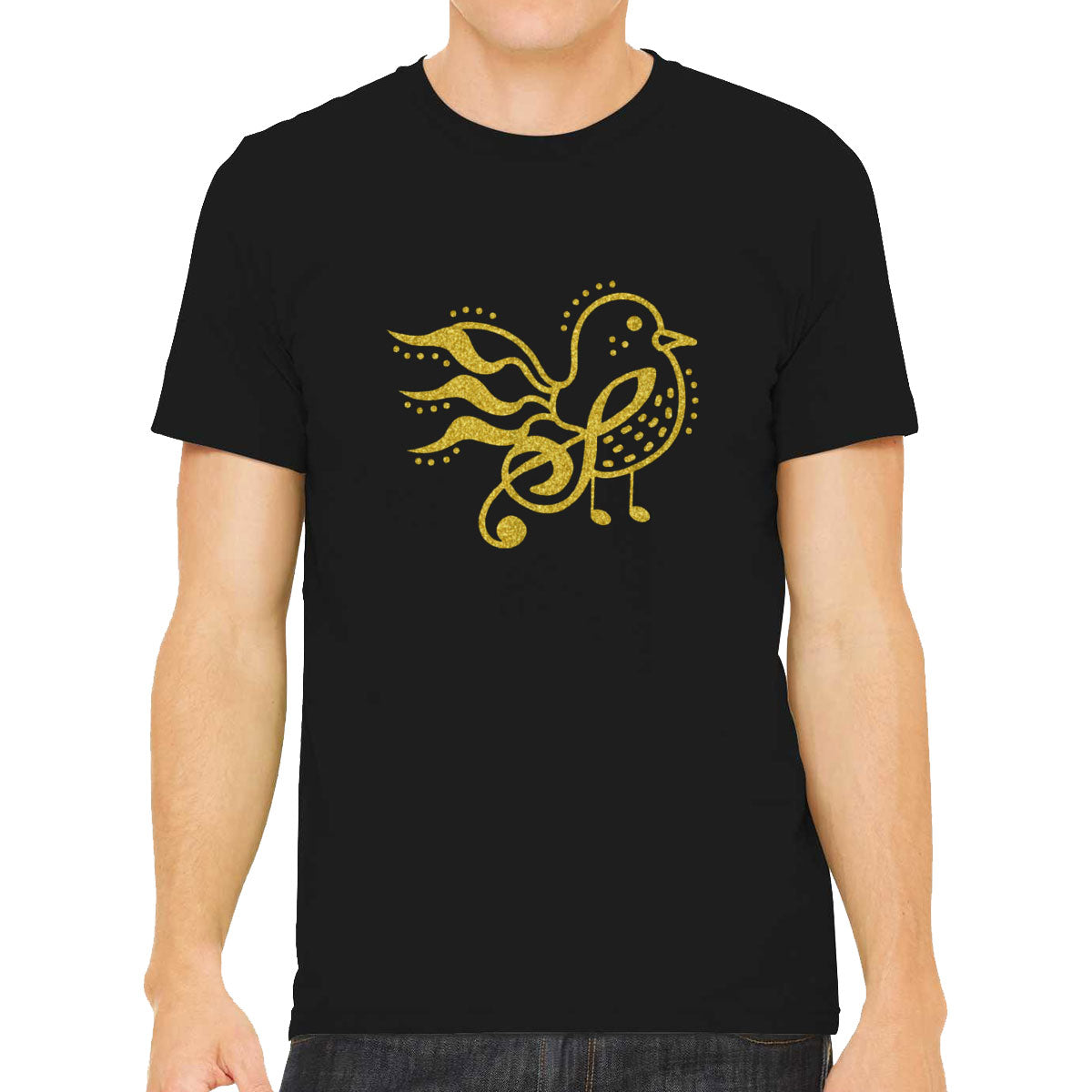 Bird Music Notes Gold Glitter Print Men's T-shirt
