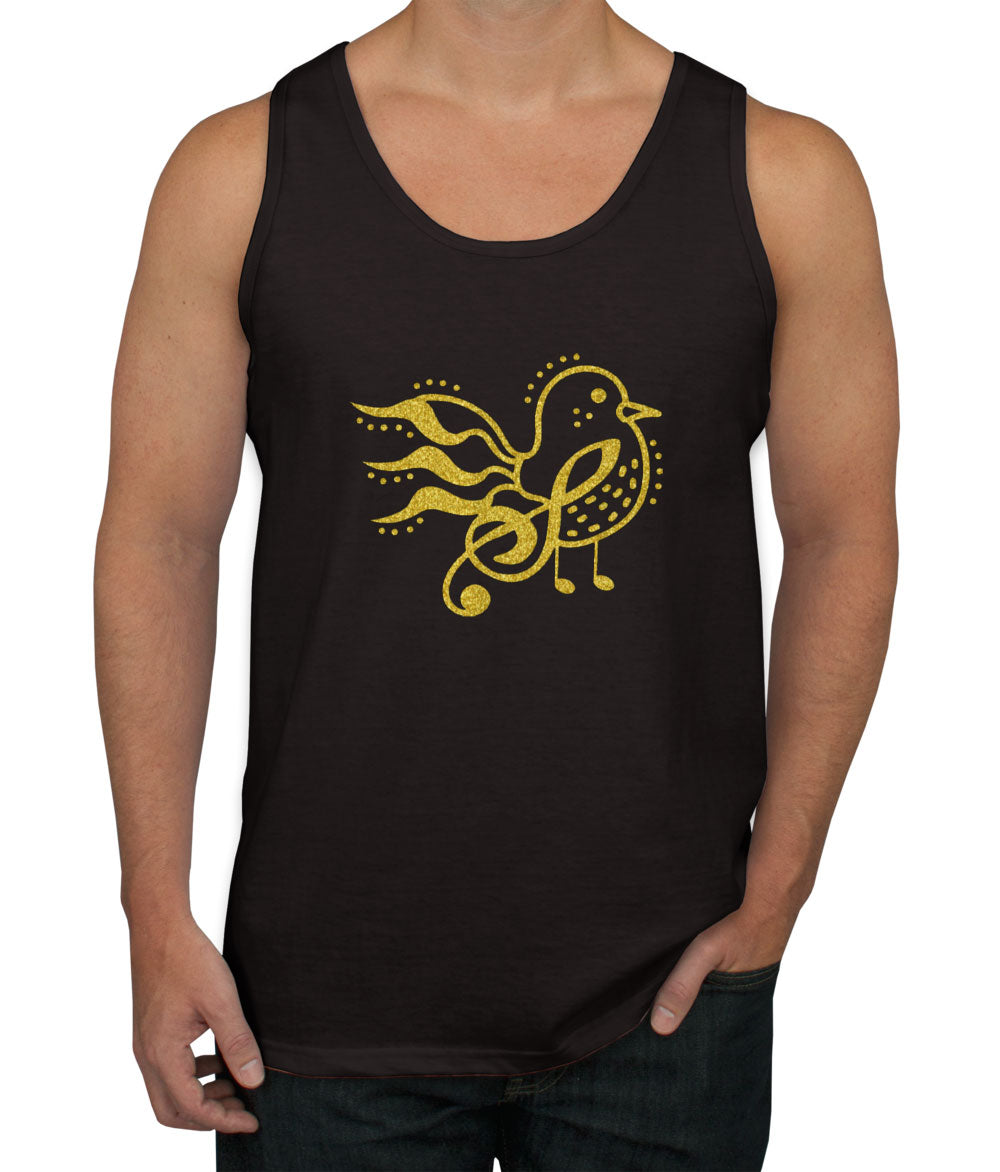 Bird Music Notes Gold Glitter Print Men's Tank Top