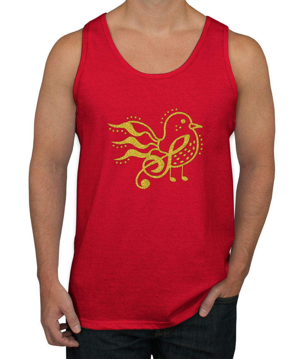 Bird Music Notes Gold Glitter Print Men's Tank Top