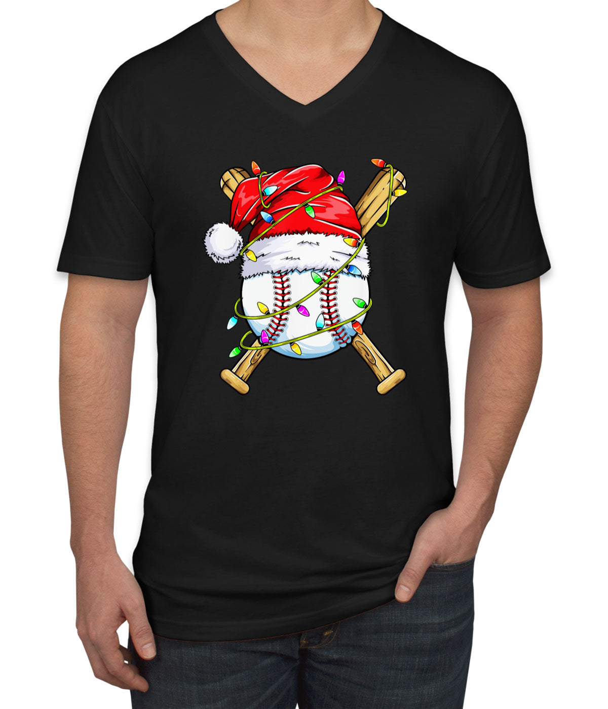 Baseball With Santa Hat Christmas Men's V Neck T-shirt
